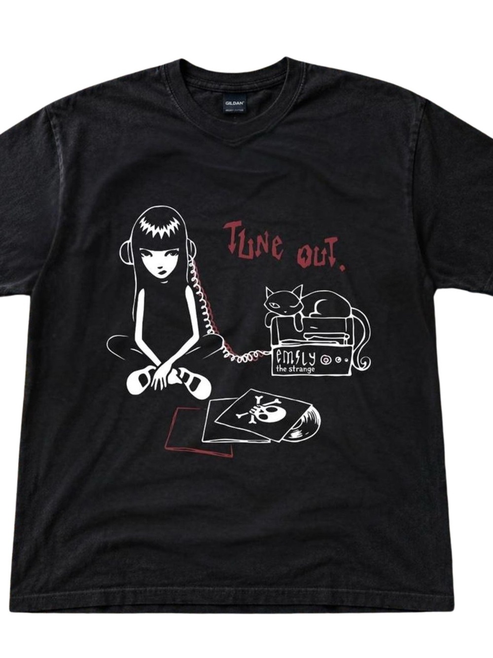 Gildan Black 'Tune Out' Graphic Cat & Girl Short Sleeve Tee, Gift For Her, Him